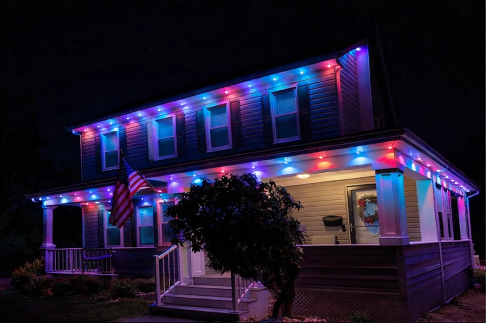 Historic home with vibrant permanent outdoor lights