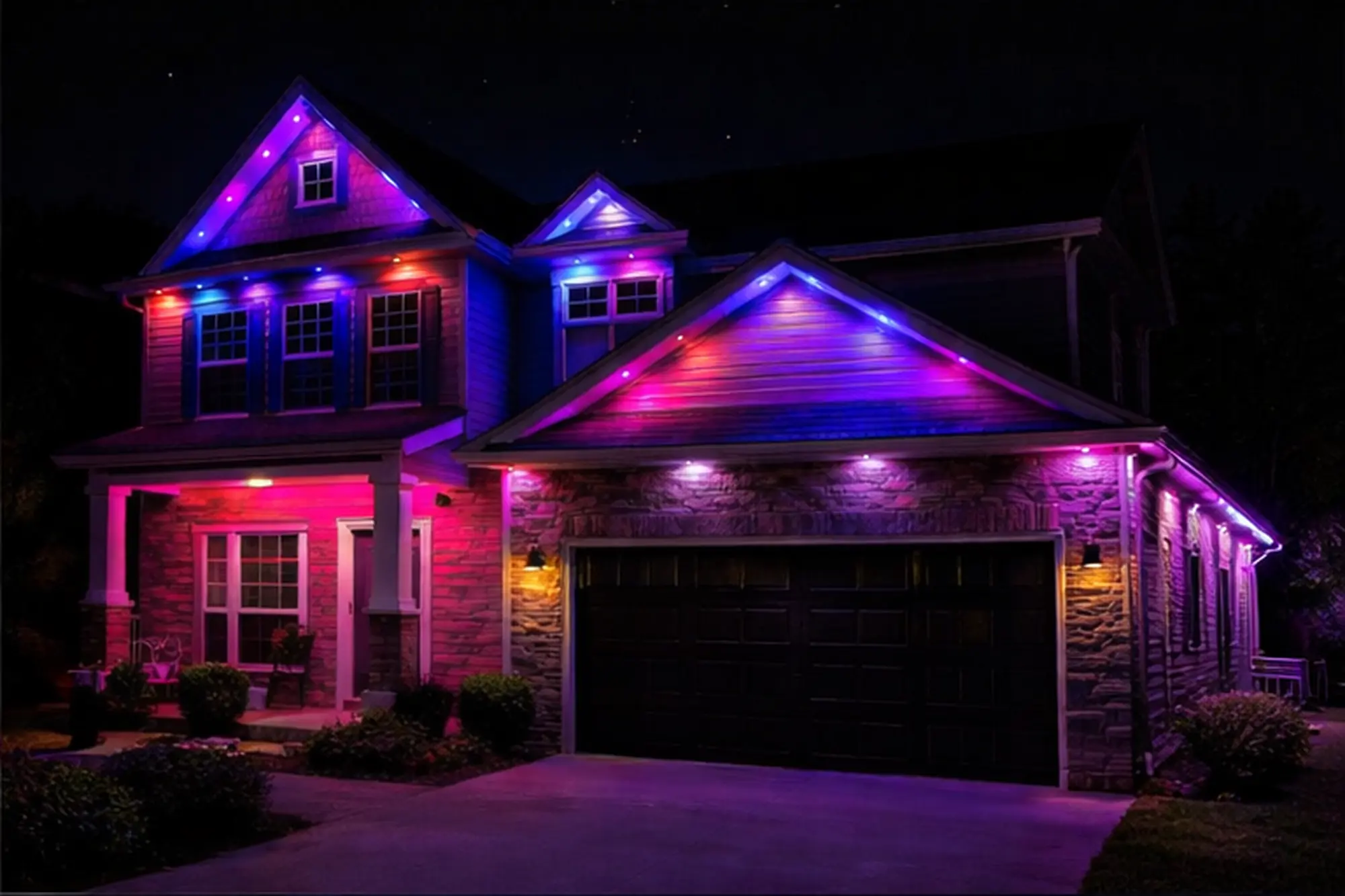 Stone facade home with pink and blue permanent lights