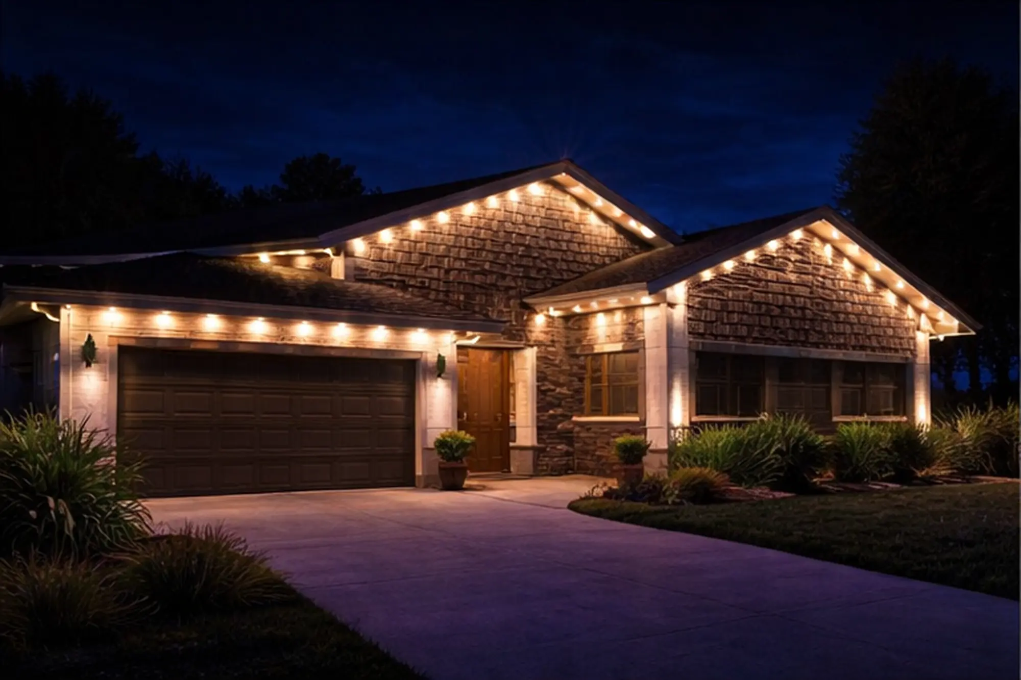 Ranch style home with warm white permanent lights