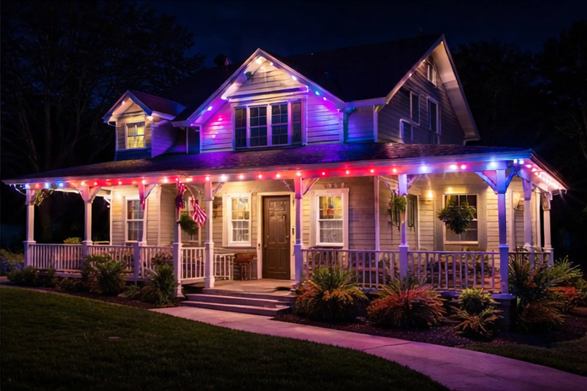 Victorian home with colorful permanent holiday lighting