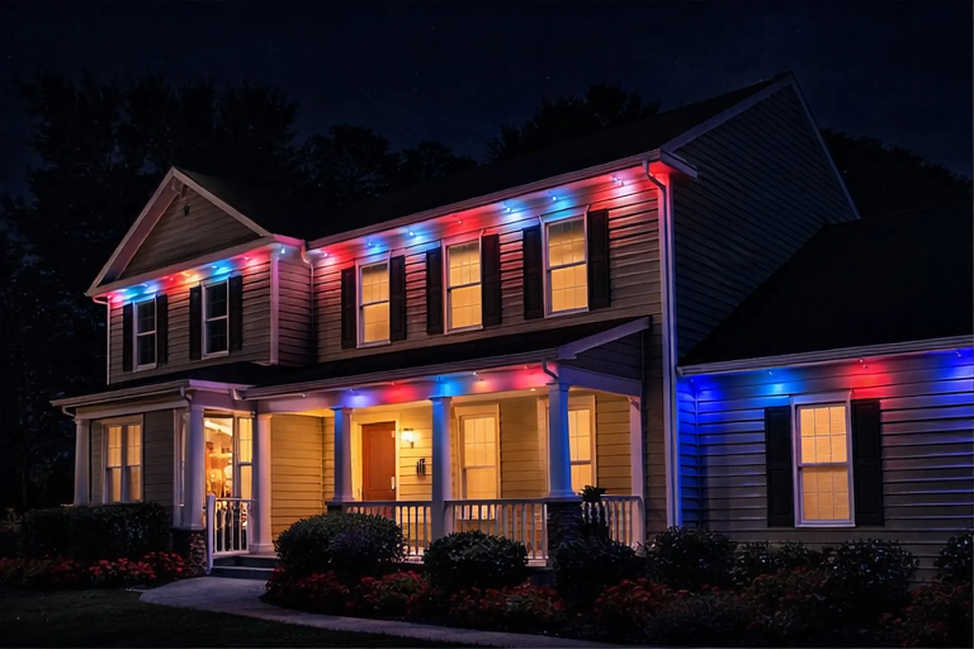 Colonial home with RGB permanent lights in New Jersey