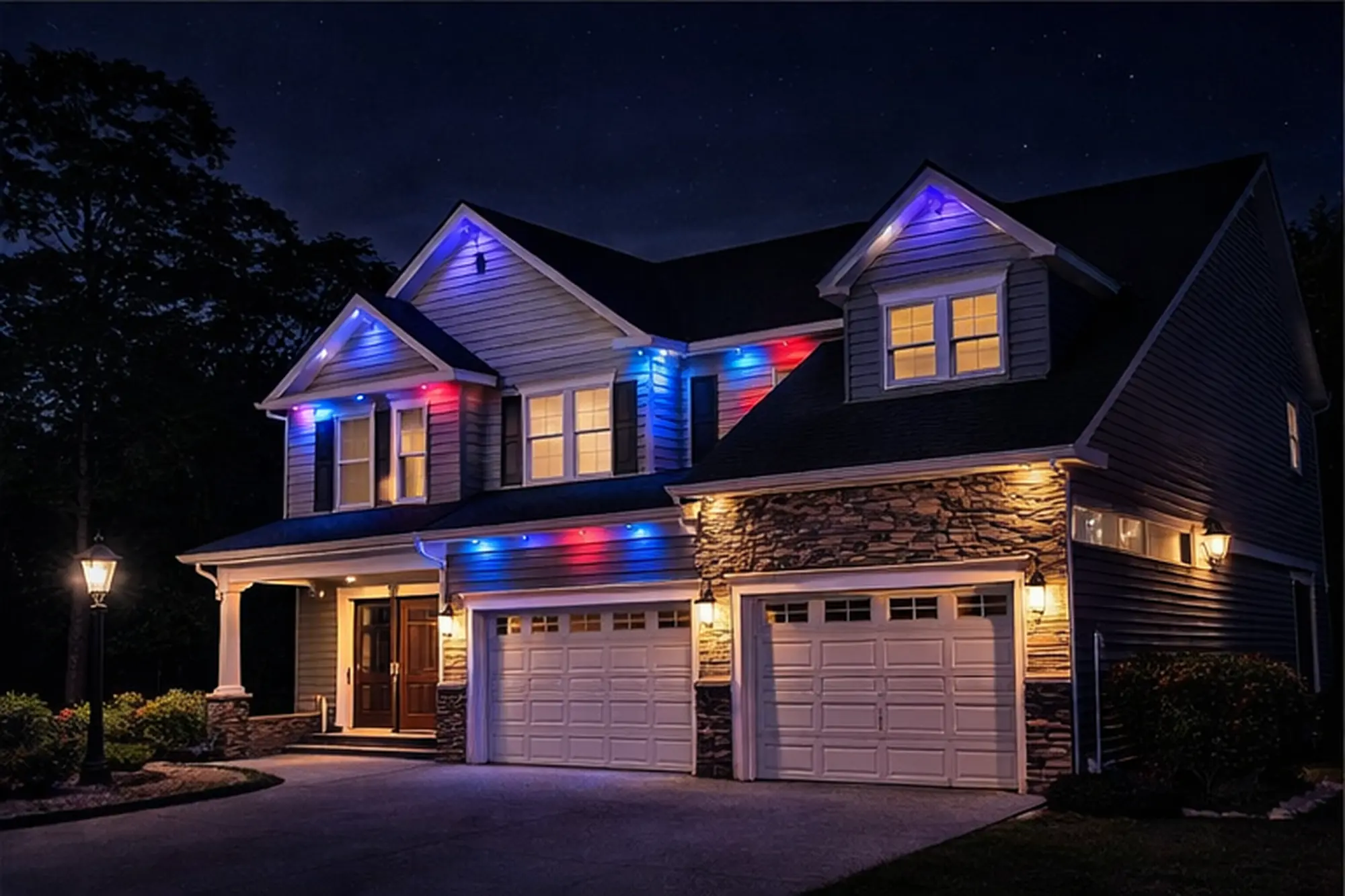 Modern home with permanent LED roofline lights