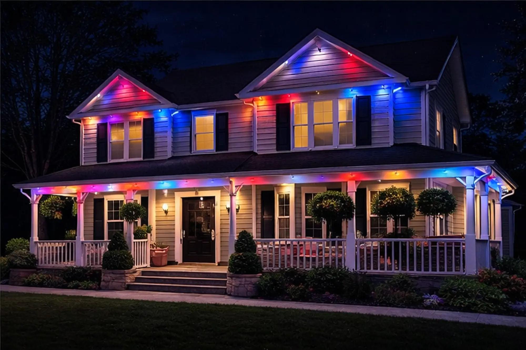 Craftsman home with rainbow permanent lights